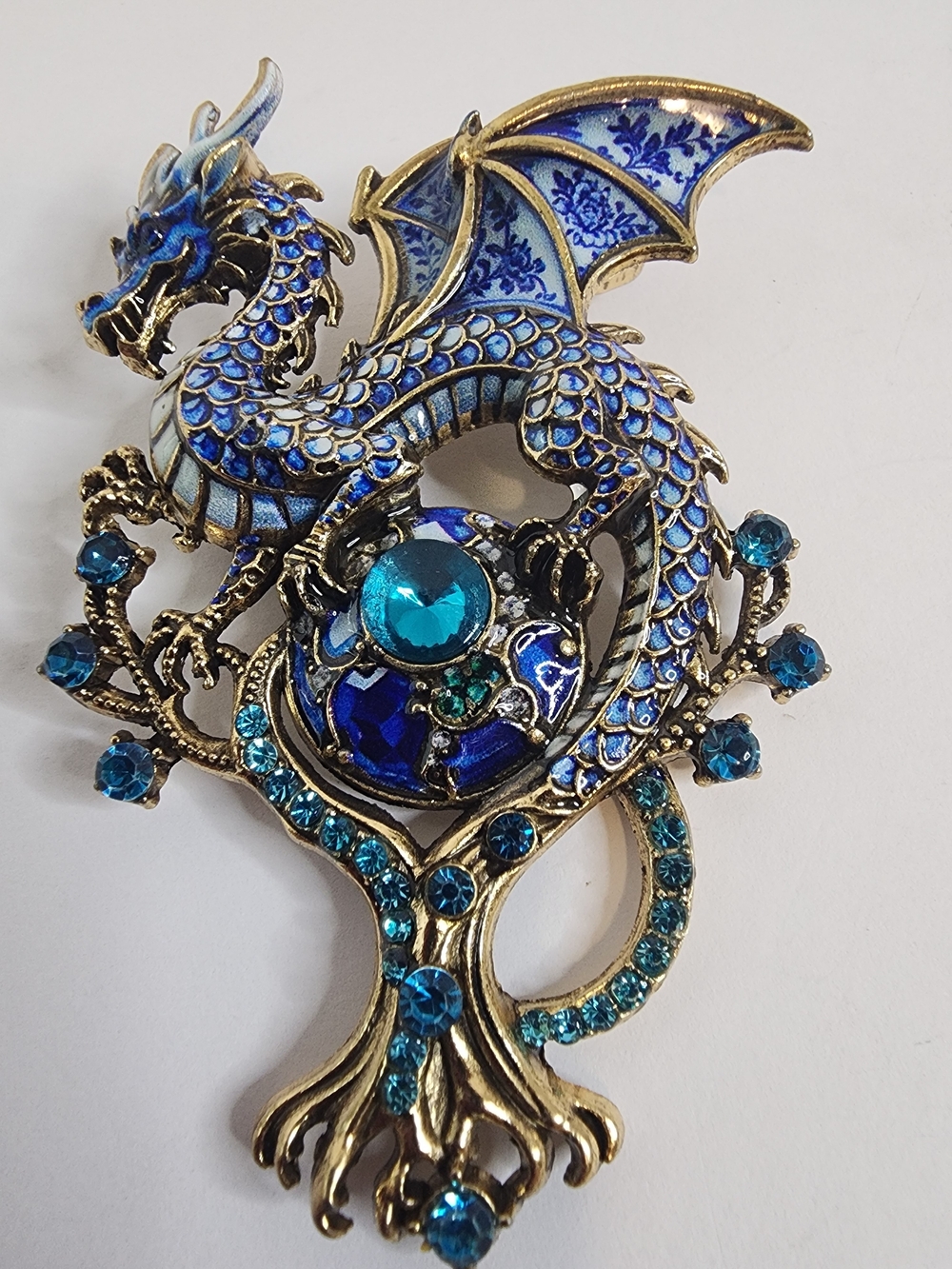Blue Dragon Jeweled Costume Brooch.  NWOT, 3" x 2.25"